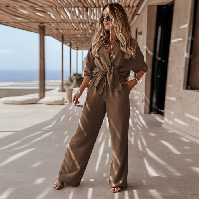 Color-Khaki-Women Clothing Shirt Wide Leg Pants Solid Color Casual Two Piece Set Women-Fancey Boutique