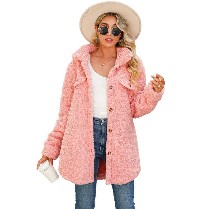 Color-Pink-Women Autumn Clothing Collared Long Sleeve Loose Breasted Faux Mouth with Non Ironing Long Bubble Velvet Coat-Fancey Boutique