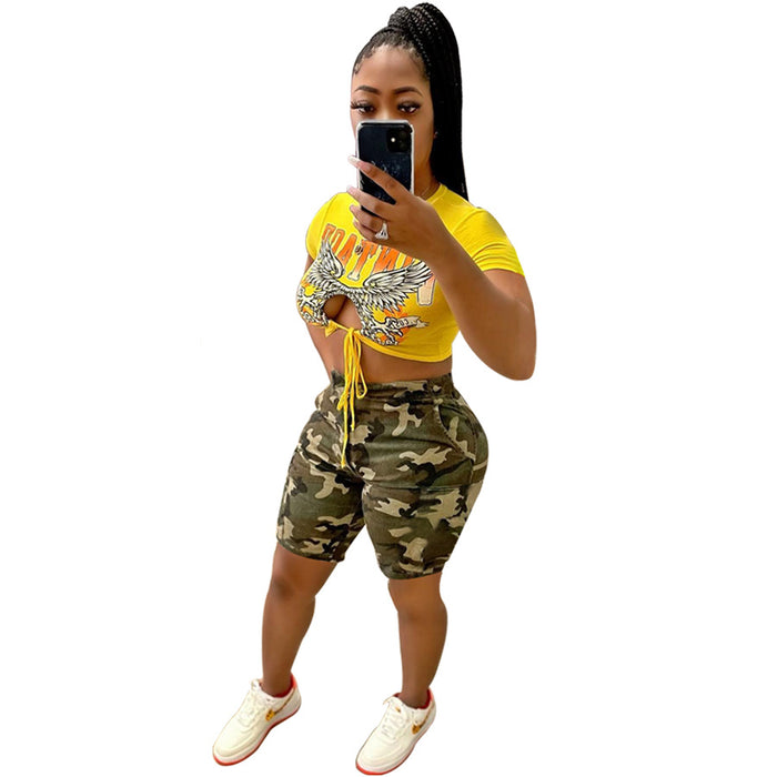 Color-Yellow Camouflage-Summer Personalized Casual Sexy Women Hollow Out Cutout Top Camouflage Pants Suit-Fancey Boutique