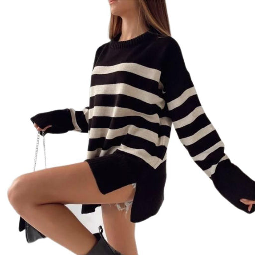 Women Clothing Spring Autumn Pullover Crew Neck Sweater Classic Contrast Color Striped Slit Hemline at Hem Top-Black-Fancey Boutique