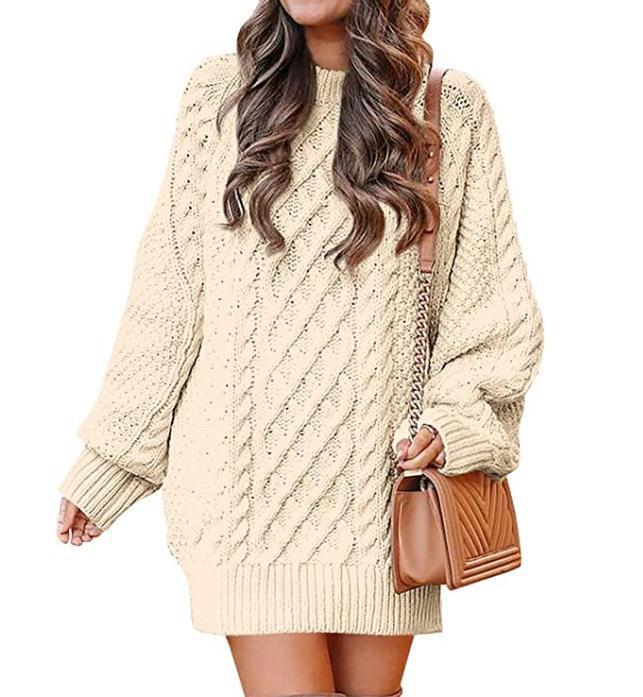 Color-Apricot-Round Neck Long Sleeve Twisted Knitted Thick Needle Pullover Mid Length Sweater Women Dress-Fancey Boutique
