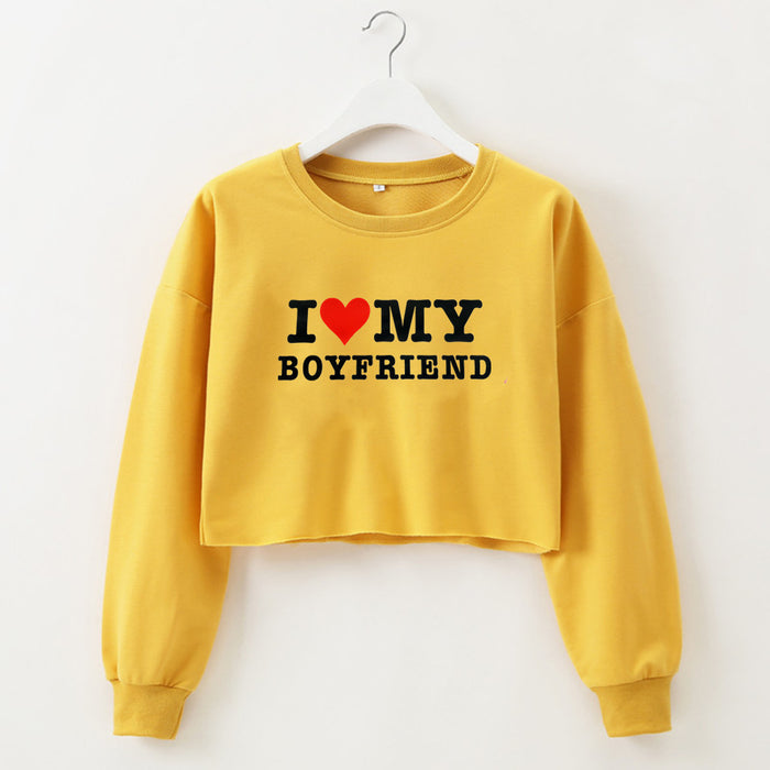 Color-Yellow-Street Hipster I Love My Boyfriend Printed Short Sweater Autumn Winter Women Clothing-Fancey Boutique