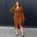 Color-Brown-Plus Size Women Clothes Autumn Winter Sexy Split V Neck Hip Slim Solid Color Dress-Fancey Boutique