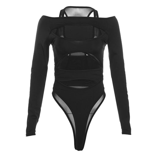 Color-Black-Autumn Trend Women Long Sleeve Hollow Out Cutout Out Slim Fit Cropped Solid Color Jumpsuit-Fancey Boutique