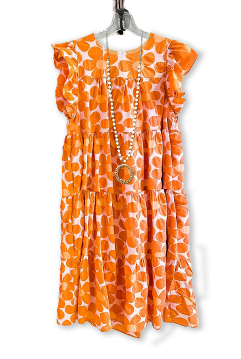 Color-Orange-Ladies Floral Casual Flying Sleeves Gathers Ruffled Printed Mid Length Dress-Fancey Boutique