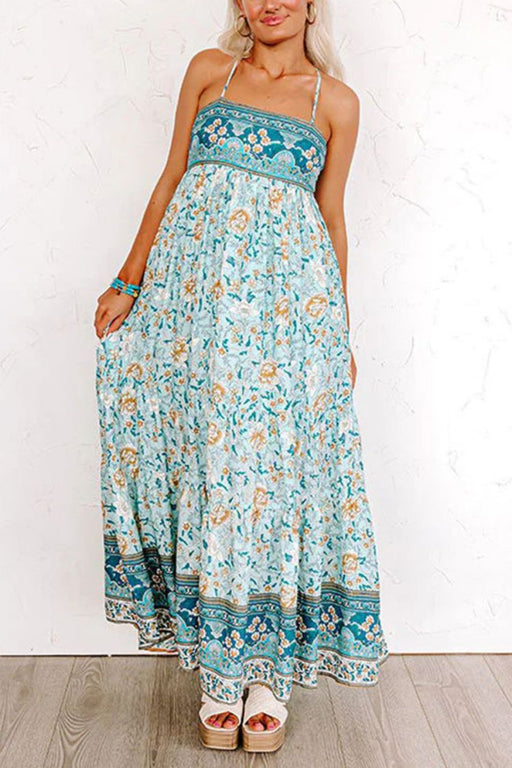 Color-Blue-Summer Strap Floral Street Strap Backless Dress Women-Fancey Boutique