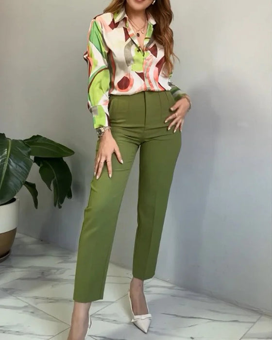 Casual Collared Print Casual Two Piece Suit-Green-Fancey Boutique