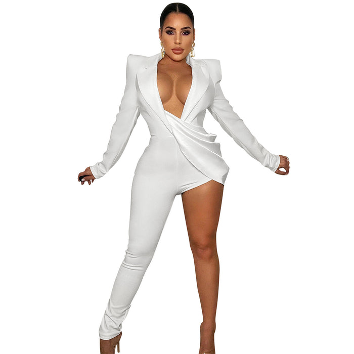 Color-White-Sexy Solid Color Tight V Neck Long Sleeve Jumpsuit Women-Fancey Boutique