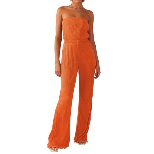 Color-Orange-Women Sexy Comfortable Pleated Cloth Chest Wrapped Wide Leg Jumpsuit-Fancey Boutique