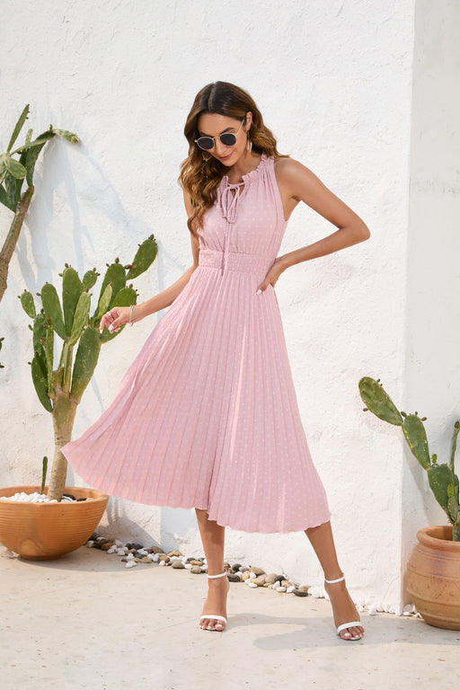 Color-Pink-Tied High Waist Pleated Fur Ball Dress Sleeveless Summer Dress Casual Vacation Travel Dress-Fancey Boutique