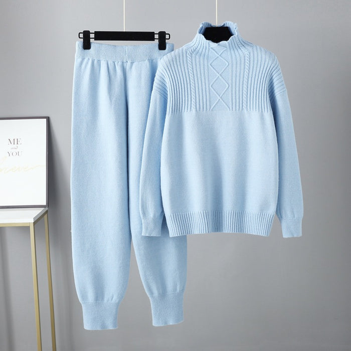 Color-skyblue-Half Turtleneck Casual Loose Sweater for Women Autumn Winter Gentle Soft Glutinous Knitted Trousers Suit for Women-Fancey Boutique