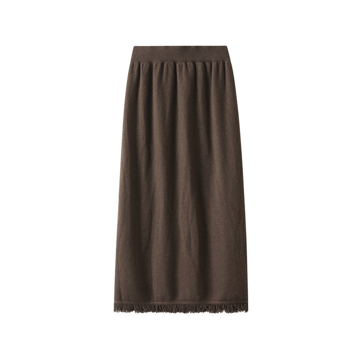 Color-Brown-Tassel Knitted Dress Split Skirt Autumn Winter High Waist Slimming A Line Skirt-Fancey Boutique