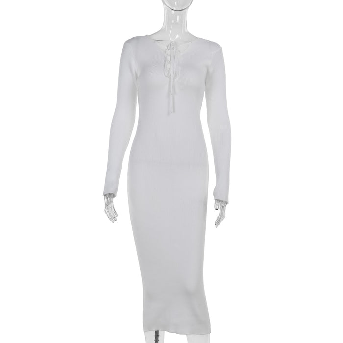 Autumn Elegant Sexy Woolen Reverse Hollow Out Cutout Thin Strap Slim Fit Dress Women-White-Fancey Boutique