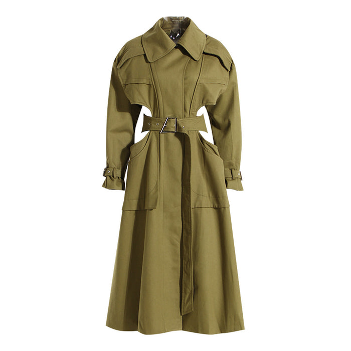 Color-Army Green-High Grade Long Trench Coat Women Spring Autumn Special Interest Design Deconstructed Hollow Out Cutout long Sleeve Cropped Outfit Lace up Coat-Fancey Boutique