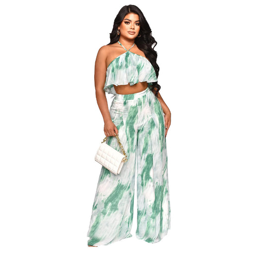 Color-Green-Backless Sexy Halter Tube Top Loose Printed Trousers Two Piece Set-Fancey Boutique