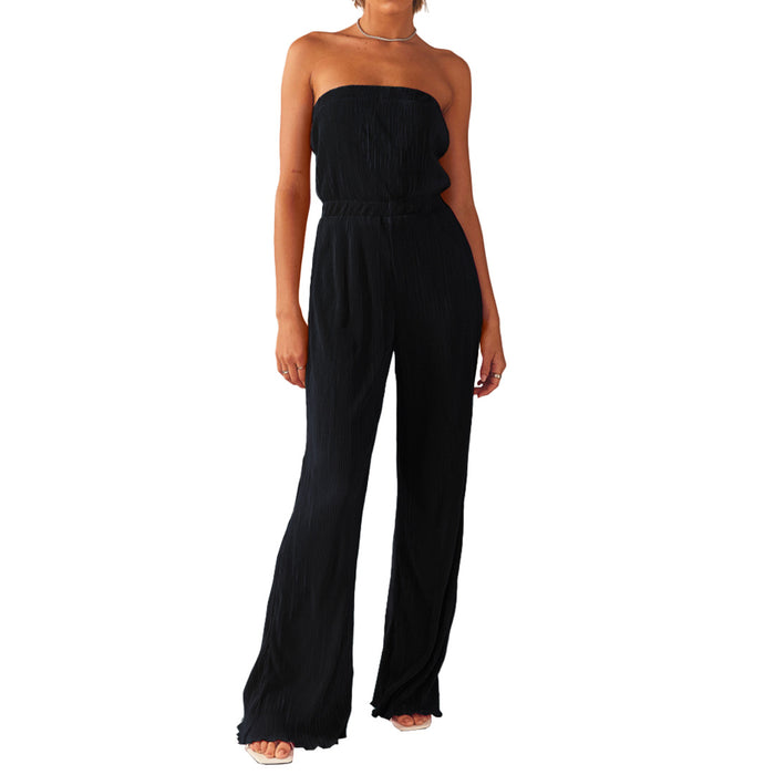 Color-Black-Women Sexy Comfortable Pleated Cloth Chest Wrapped Wide Leg Jumpsuit-Fancey Boutique