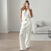 White Cotton Linen Sleeveless V Neck Vest Vest Pants Suit Summer Two Piece Set Women-Fancey Boutique