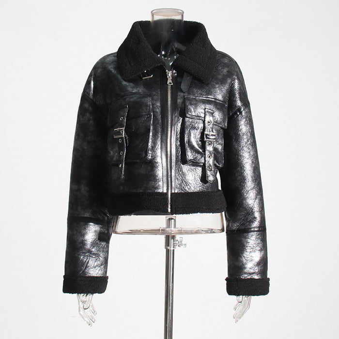 Color-Black-Maillard Faux Shearling Jacket Short Coat Autumn Retro Design Stitching Leather Coat-Fancey Boutique