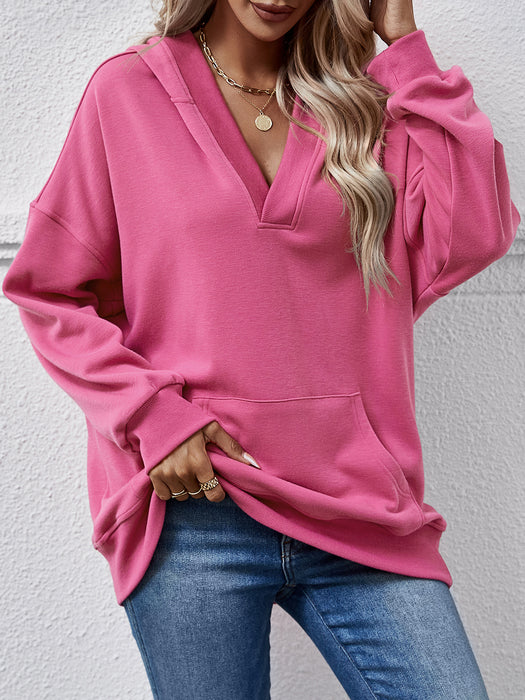 Color-Coral Red-Autumn Winter Women Tops Solid Color Hooded Kangaroo Pocket Long Sleeve Women Sweater-Fancey Boutique