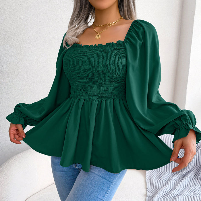 Color-Spring Summer Casual Wooden Ear Square Collar Long Sleeve Chiffon Shirt Women Clothing-Fancey Boutique