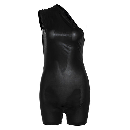 Color-Black-Metallic Coated Fabric Spring Women Clothes Slant Shoulder Personality Bright Color Skinny Hip Raise Jumpsuit-Fancey Boutique