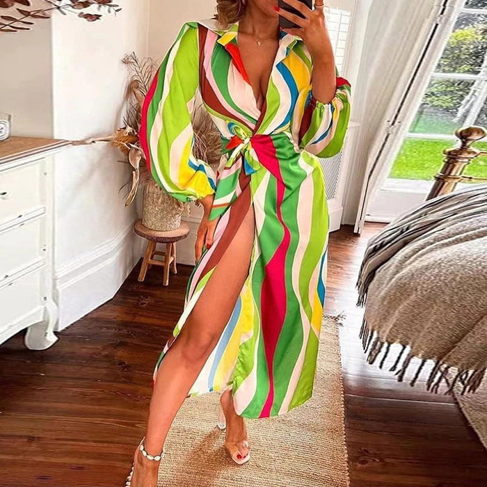 Color-Green stripe-Women Clothing Autumn Sexy Slit Lace up Waist Controlled V neck Shirt Elegant Dress Women-Fancey Boutique