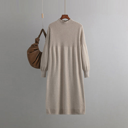 Color-Khaki-Loose Mid Length Bottoming Knitted Dress Women Autumn Winter V neck Long Sleeve Woolen-Fancey Boutique