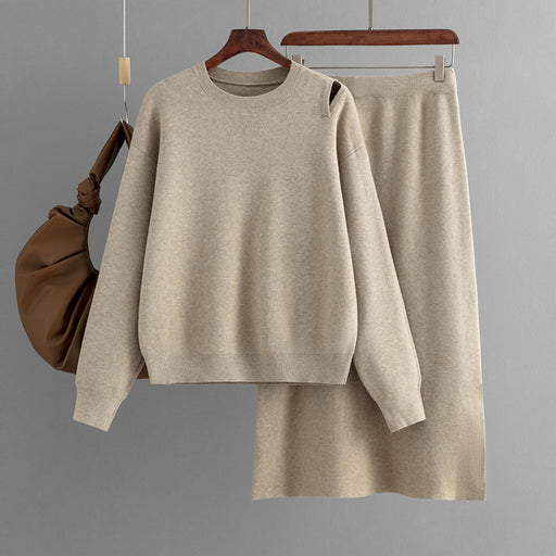 Color-Khaki-Suit Autumn Winter Loose Sweater Skirt Set Casual Loose Knitted Two Piece-Fancey Boutique