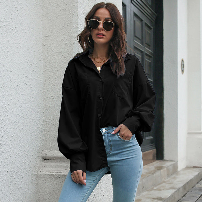 Color-Black-Women Cotton Lantern Sleeve Long Sleeve Mid Length Shirt Loose Shirt Top Spring Autumn Women Clothing-Fancey Boutique