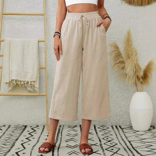 Elegant Cotton Linen Elastic Waist Pocket Wide Leg Cropped Pants Office Solid Color Straight Casual Women Pants-Fancey Boutique