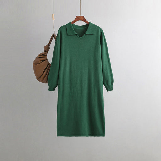 Color-Green-Women Clothing V neck Loose Solid Color Idle Overknee Sweater Dress Women Autumn Winter Dress-Fancey Boutique