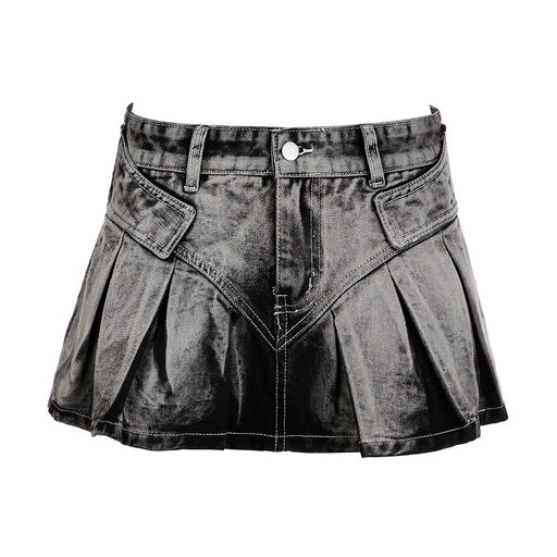 Street Washed Gradient Denim Skirt Spring Summer Sexy Sexy Pleated Skirt Miniskirt Women-Gray-Fancey Boutique