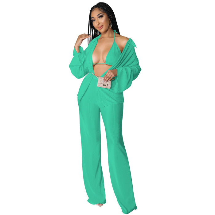 Color-Green-Sexy Pleated Cardigan Three-Piece Set Women-Fancey Boutique