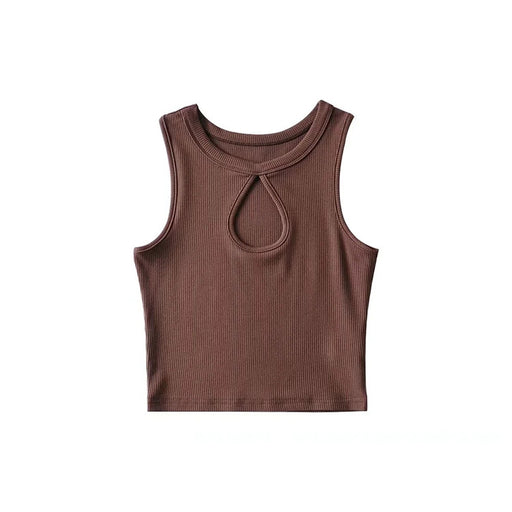 Color-Brown-Summer Beauty Bloggers Chest Water Drop Hollow Out Cutout Women Sleeveless Slim Fit Pullover Cropped Outfit Vest-Fancey Boutique