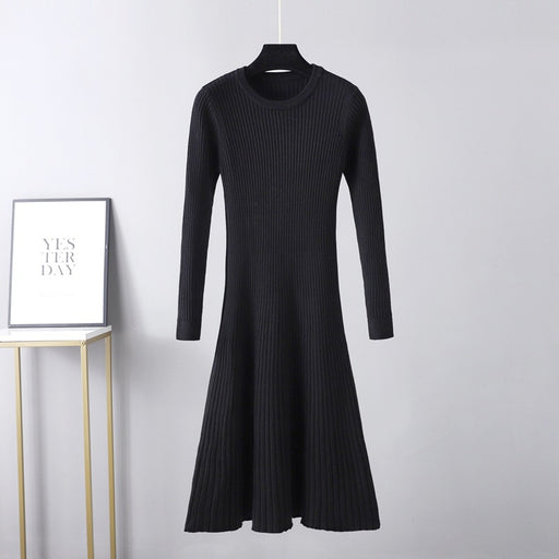 Color-Black-Fall Winter Slim Dress Women Mid Length Dress Round Neck Maxi Dress Solid Color Inner Wear Base Sweater Dress A line Dress-Fancey Boutique