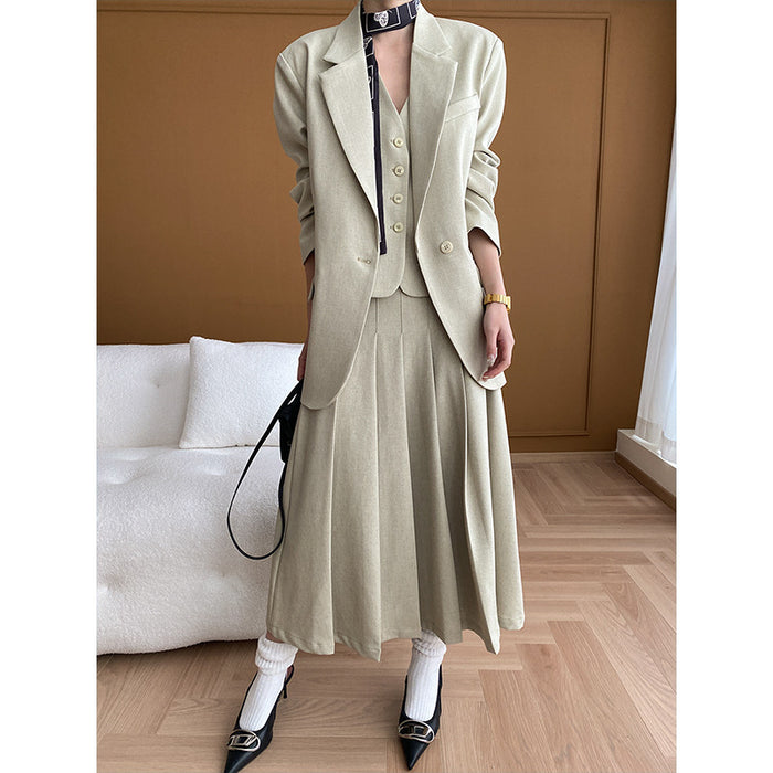 French High End Office Blazer Waistcoat Dress Three Piece Suit-Light Green Skirt-Fancey Boutique