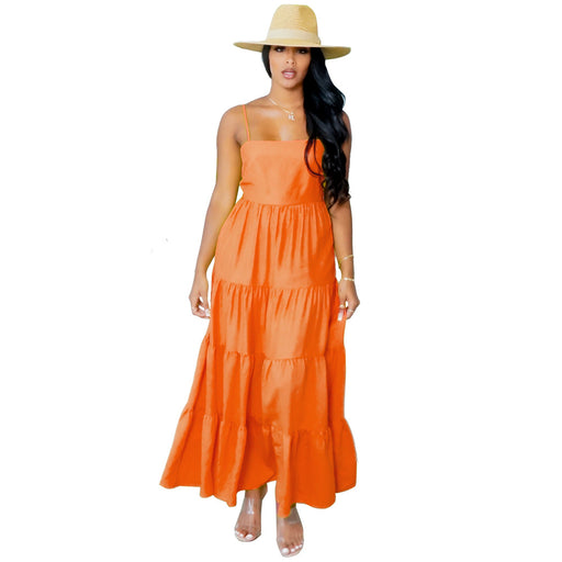 Color-Orange-Solid Color Casual Hollow Out Cutout Cinched Pastoral Cami Dress-Fancey Boutique