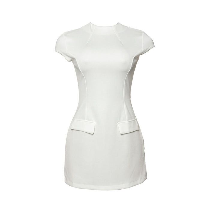 Summer Solid Color Round Neck Slim Fitting Patchwork Short Sleeve Sexy High Waist Short Dress-White-Fancey Boutique
