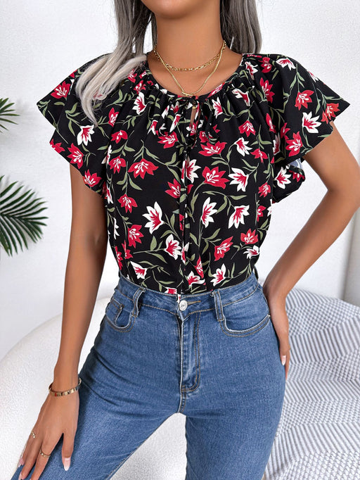 Color-Black-Spring Summer Casual Loose Lotus Leaf Self Tie Chiffon Shirt Top Women Clothing-Fancey Boutique