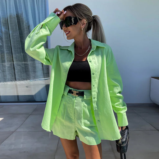 Casual Summer Women Long Sleeved Shorts Women Two Piece Set Summer-Light Green-Fancey Boutique