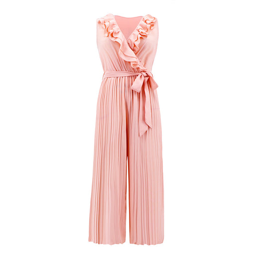 Color-Pink-Summer Women Clothing Sleeveless V neck Flounce Pleated Jumpsuit-Fancey Boutique