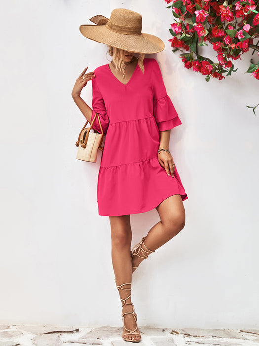Popular Double Layer Bell Sleeve V neck Doll Type Dress-Coral Red-Fancey Boutique
