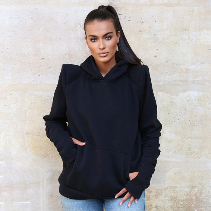 Color-Black-Women Clothing Autumn Winter Street Hooded Padded Shoulder Finger Hole Pocket Sweatshirt Long Sleeve Top-Fancey Boutique