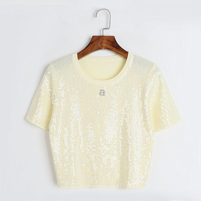 French Classic round Neck Top for Women Small Heavy Embroidery Sequ Short Short Sleeve Sweater-Yellow-Fancey Boutique