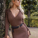 Color-Shallow Coffee-Long Sleeve Dress Women Knitted Deep V Plunge Sweater Maxi Dress-Fancey Boutique