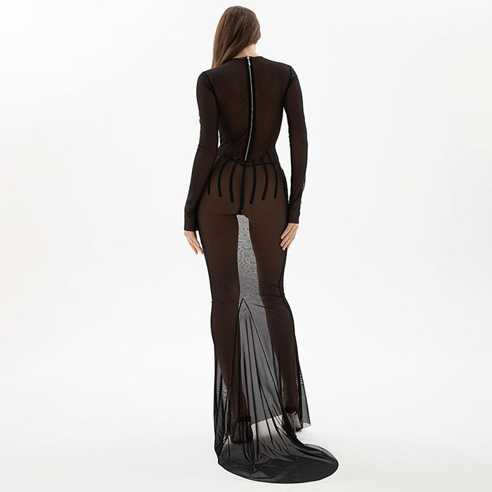 Women Sexy Seductive Mesh Long Sleeve Stitching Perspective Slim Mop Dress-Fancey Boutique