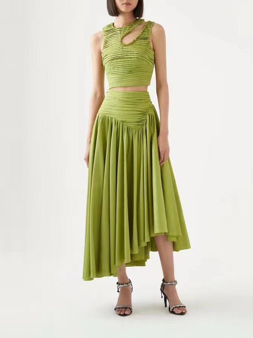 Two Piece Set Sexy Wrapped Chest Back Back Strap Buckle Shirt Pleated Cropped Outfit Skirt Women-Green-Fancey Boutique