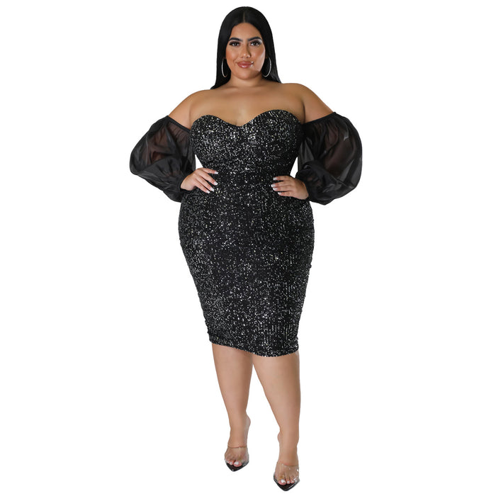 Color-Black-Plus Size Sexy Sequ Dress Tube Top Mesh Solid Color Evening Dress Tight Sexy Hip-Fancey Boutique