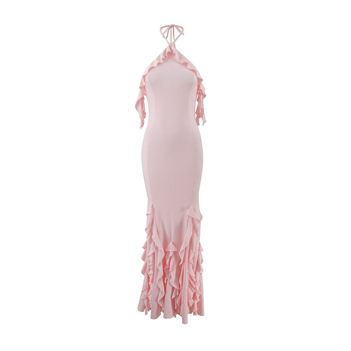 Women Summer Sexy Halter Backless Sheath Ruffled Pleated Drape Evening Dress Maxi Dress-Pink-Fancey Boutique