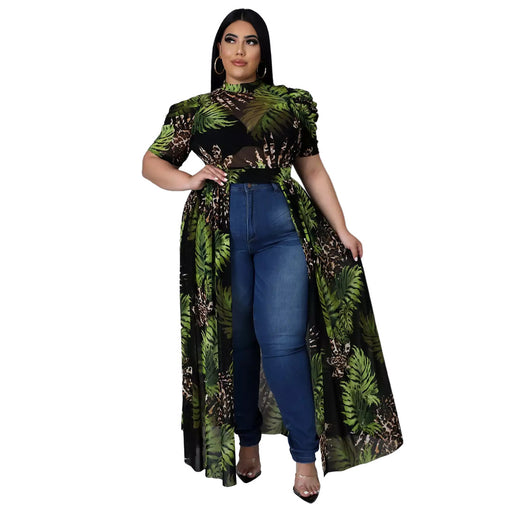 Color-Green-plus Size Women Nightclub Uniforms Oversleeves Mesh Hollow Out Cutout Dress Top-Fancey Boutique